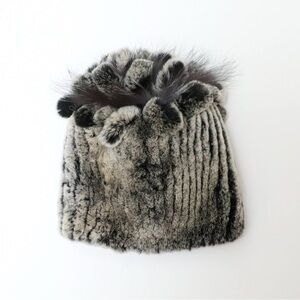 Real Rabbit Fur knit hat pom pom beanie warm winter stretch cozy soft unique